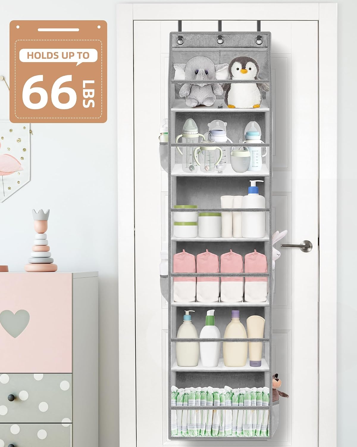 Over the Door Organizer 6-Shelf Closet Hanging Storage with 14 Mesh Pockets, 66lbs Capacity Clear Deep Pockets Behind Door Storage for Nursery, Bathroom, Bedroom, 1 Pack Oat Beige