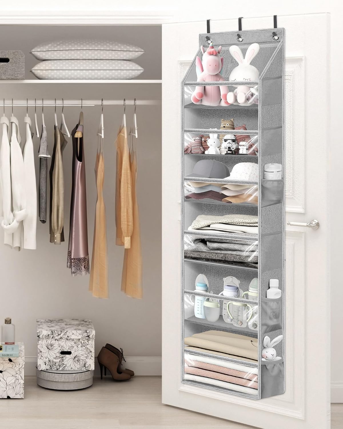 Over the Door Organizer 6-Shelf Closet Hanging Storage with 14 Mesh Pockets, 66lbs Capacity Clear Deep Pockets Behind Door Storage for Nursery, Bathroom, Bedroom, 1 Pack Oat Beige