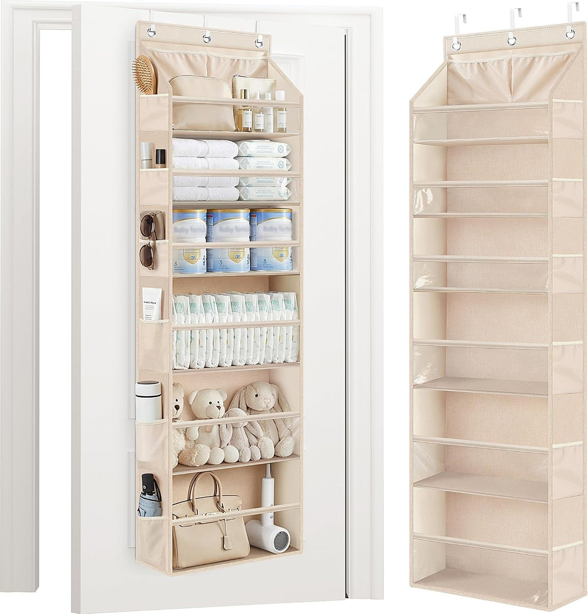 Over the Door Organizer 6-Shelf Closet Hanging Storage with 14 Mesh Pockets, 66lbs Capacity Clear Deep Pockets Behind Door Storage for Nursery, Bathroom, Bedroom, 1 Pack Oat Beige