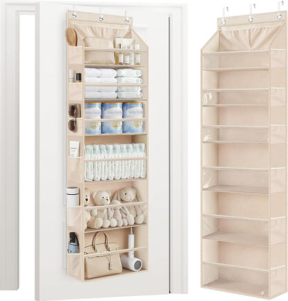Over the Door Organizer 6-Shelf Closet Hanging Storage with 14 Mesh Pockets, 66lbs Capacity Clear Deep Pockets Behind Door Storage for Nursery, Bathroom, Bedroom, 1 Pack Oat Beige