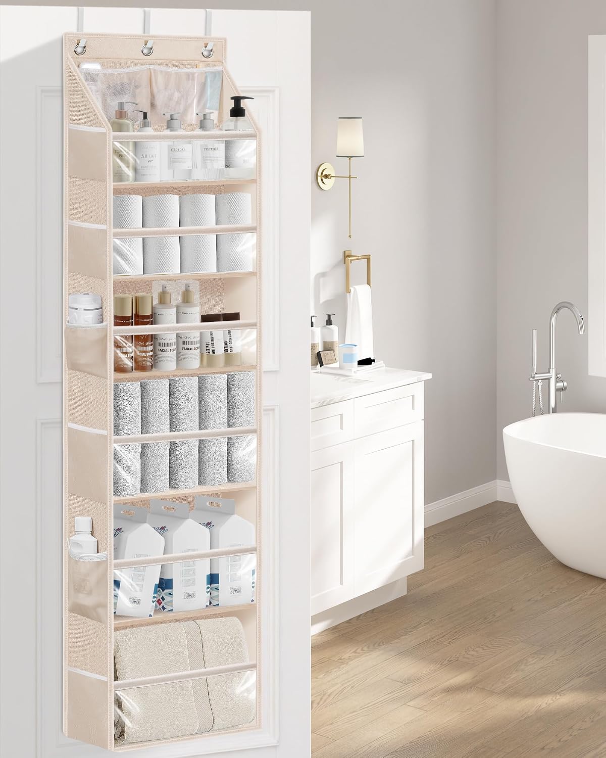 Over the Door Organizer 6-Shelf Closet Hanging Storage with 14 Mesh Pockets, 66lbs Capacity Clear Deep Pockets Behind Door Storage for Nursery, Bathroom, Bedroom, 1 Pack Oat Beige
