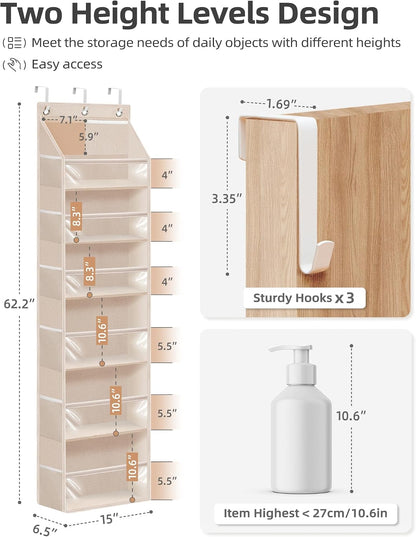 Over the Door Organizer 6-Shelf Closet Hanging Storage with 14 Mesh Pockets, 66lbs Capacity Clear Deep Pockets Behind Door Storage for Nursery, Bathroom, Bedroom, 1 Pack Oat Beige