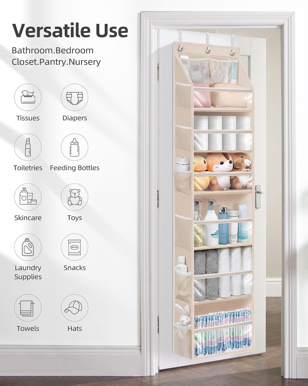 Over the Door Organizer 6-Shelf Closet Hanging Storage with 14 Mesh Pockets, 66lbs Capacity Clear Deep Pockets Behind Door Storage for Nursery, Bathroom, Bedroom, 1 Pack Oat Beige