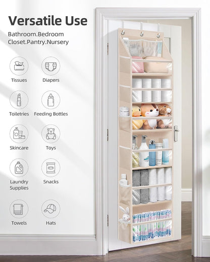 Over the Door Organizer 6-Shelf Closet Hanging Storage with 14 Mesh Pockets, 66lbs Capacity Clear Deep Pockets Behind Door Storage for Nursery, Bathroom, Bedroom, 1 Pack Oat Beige