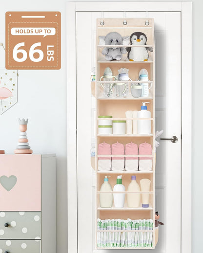 Over the Door Organizer 6-Shelf Closet Hanging Storage with 14 Mesh Pockets, 66lbs Capacity Clear Deep Pockets Behind Door Storage for Nursery, Bathroom, Bedroom, 1 Pack Oat Beige