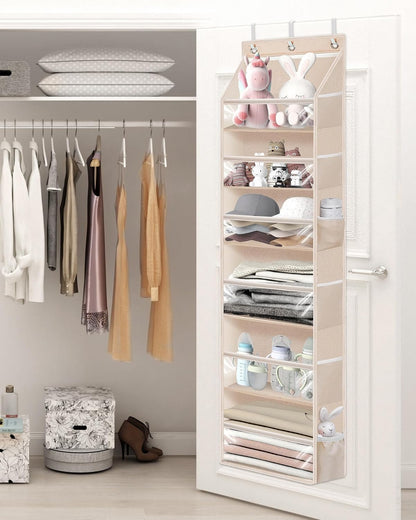 Over the Door Organizer 6-Shelf Closet Hanging Storage with 14 Mesh Pockets, 66lbs Capacity Clear Deep Pockets Behind Door Storage for Nursery, Bathroom, Bedroom, 1 Pack Oat Beige