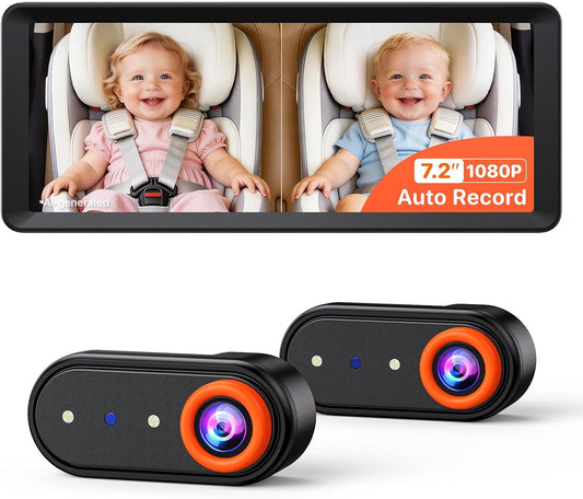 Dual Car Camera Baby Monitor with Recording for 2 Kids 7.2''