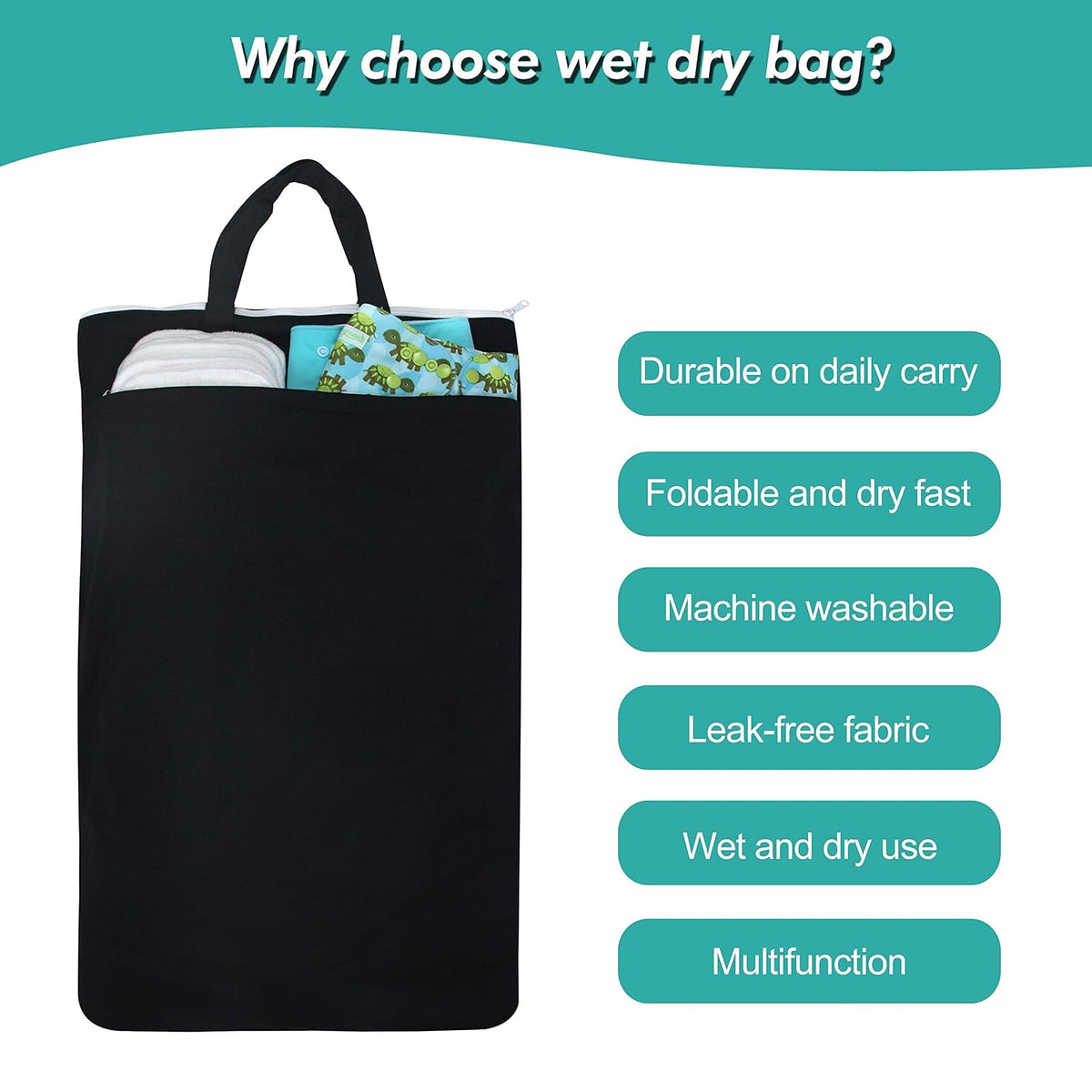 Large Reusable Hanging Wet Dry Cloth Diaper Bag (Black)