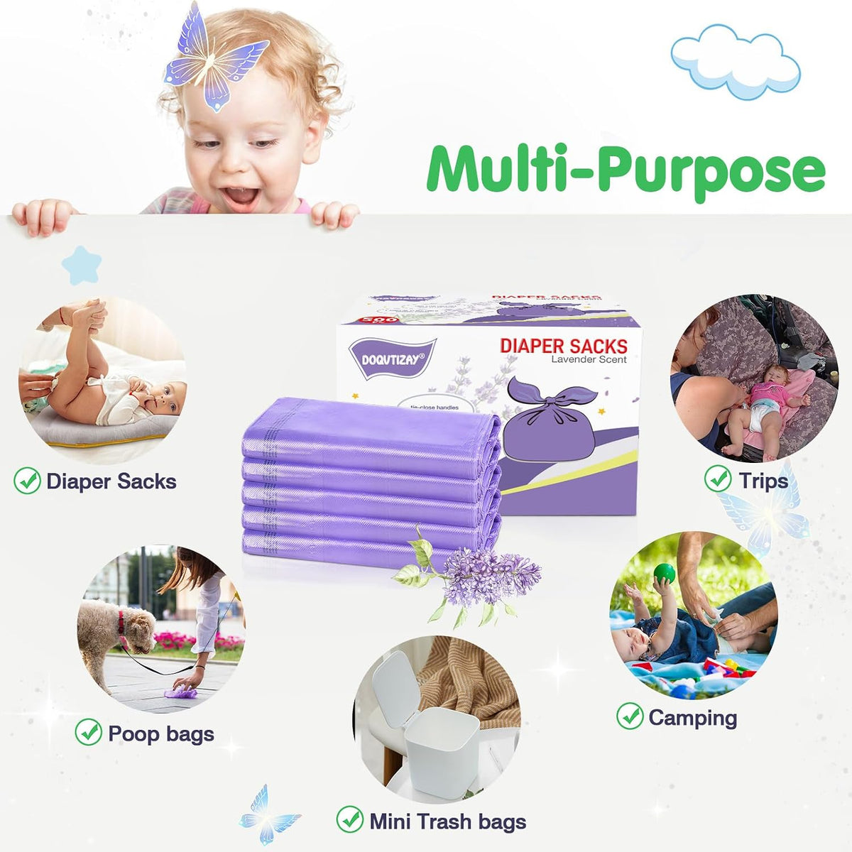 Baby Disposable Diaper Bags 500 Count Easy-To-Tie Diaper Sacks Enhanced Odor Control with Lemon Scent for Diaper Disposal or Pet Waste