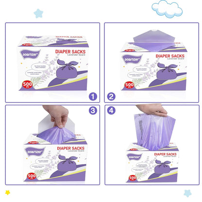 Baby Disposable Diaper Bags 500 Count Easy-To-Tie Diaper Sacks Enhanced Odor Control with Lemon Scent for Diaper Disposal or Pet Waste