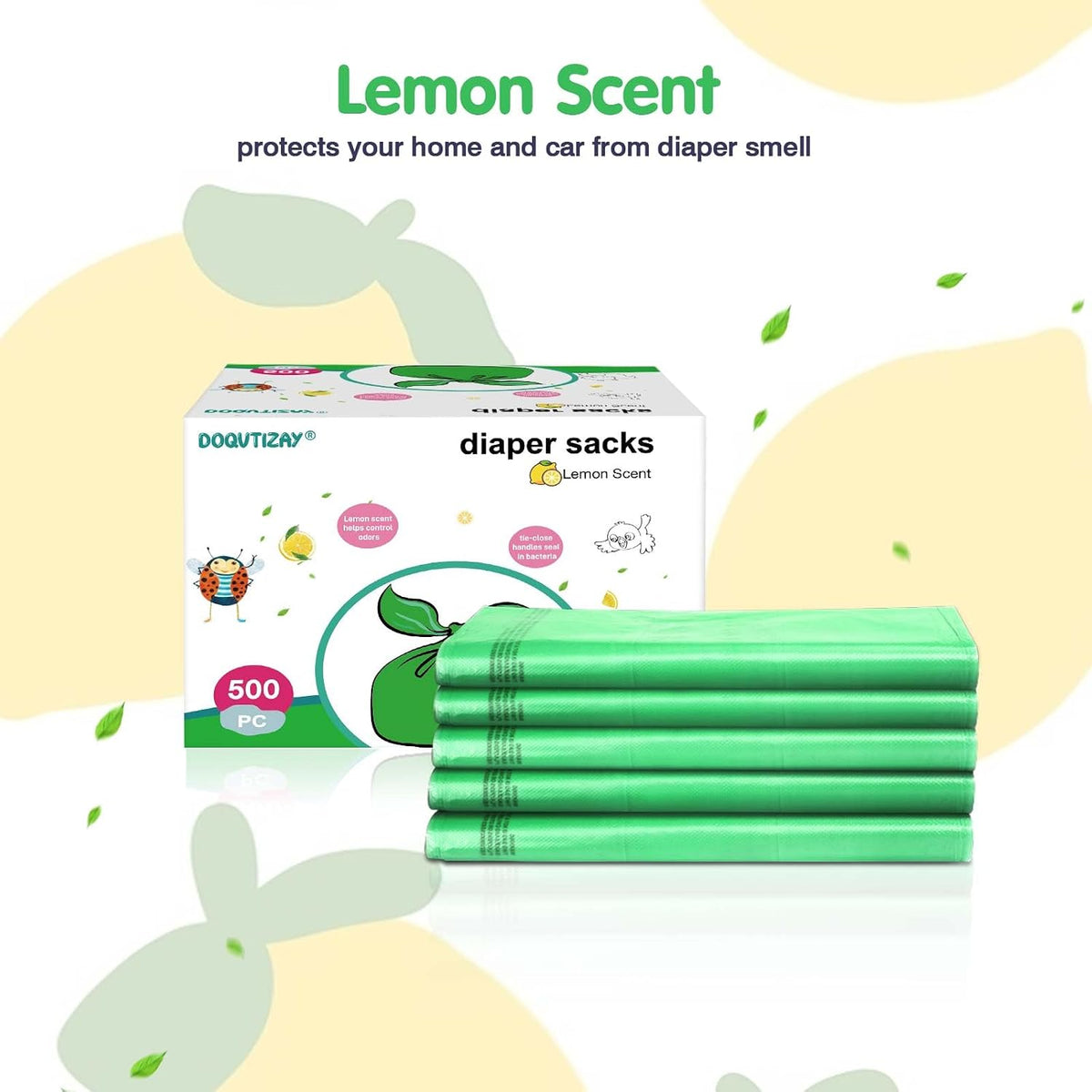Baby Disposable Diaper Bags 500 Count Easy-To-Tie Diaper Sacks Enhanced Odor Control with Lemon Scent for Diaper Disposal or Pet Waste