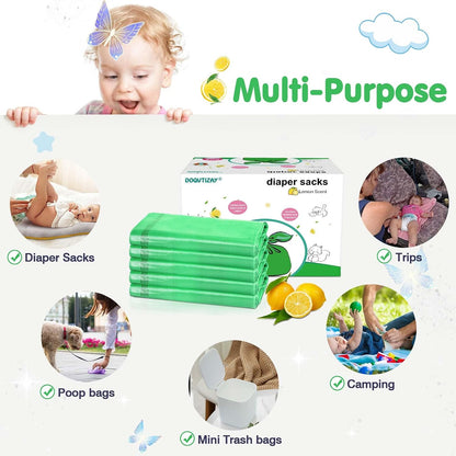 Baby Disposable Diaper Bags 500 Count Easy-To-Tie Diaper Sacks Enhanced Odor Control with Lemon Scent for Diaper Disposal or Pet Waste