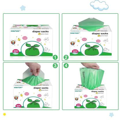 Baby Disposable Diaper Bags 500 Count Easy-To-Tie Diaper Sacks Enhanced Odor Control with Lemon Scent for Diaper Disposal or Pet Waste