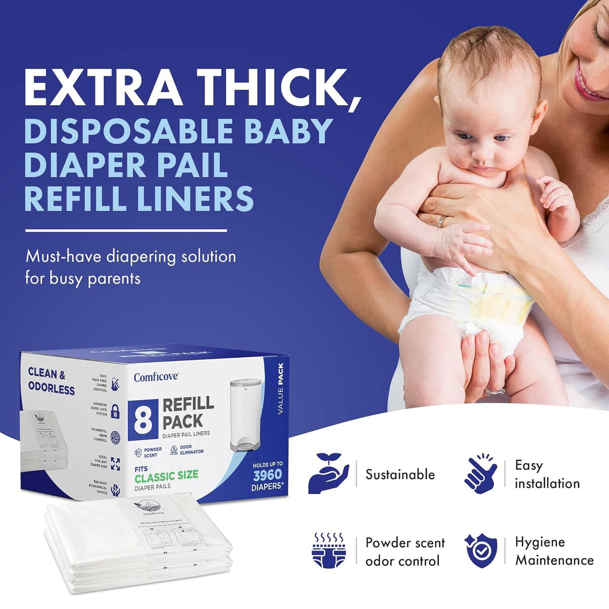 Refills Compatible with DEKOR CLASSIC Diaper Pails | 8 Pack | Extra Thick Diaper Pail Refill Liners | Fresh Scent | Easy to Replace and Dispose of Diaper Bag | Odorless Baby Diapers Disposal
