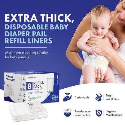 Refills Compatible with DEKOR CLASSIC Diaper Pails | 8 Pack | Extra Thick Diaper Pail Refill Liners | Fresh Scent | Easy to Replace and Dispose of Diaper Bag | Odorless Baby Diapers Disposal