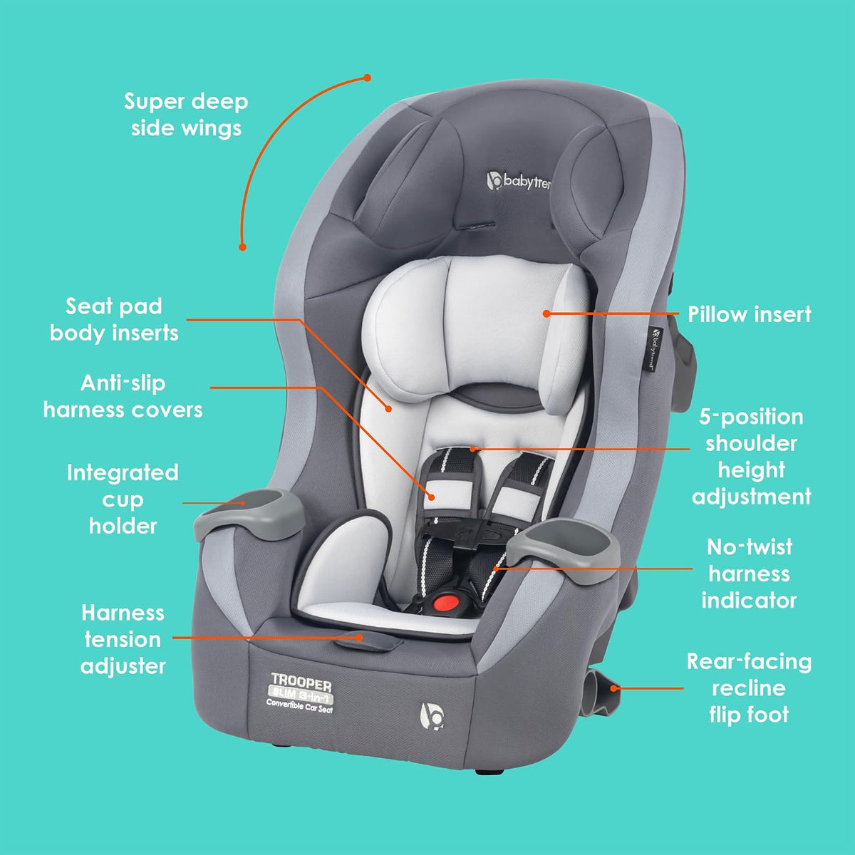 Trooper™ Slim 3-in-1 Convertible Car Seat, Dash Black – Slim Fit, 3-in-1 Growth Modes, Lightweight Design, Adjustable Comfort Padding