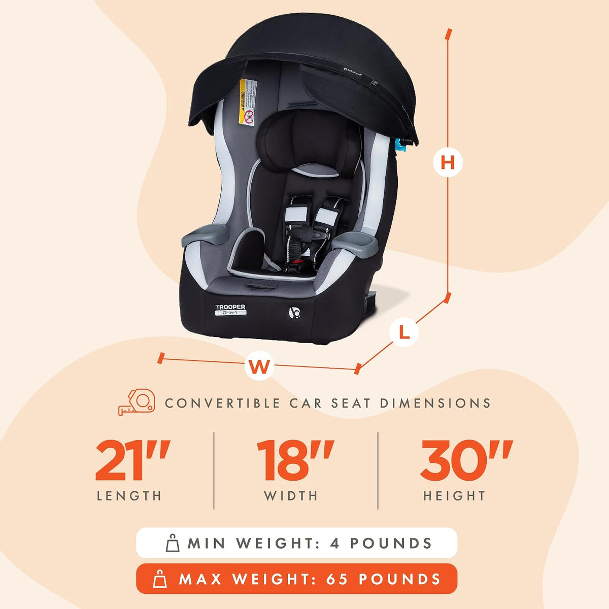 Trooper™ Slim 3-in-1 Convertible Car Seat, Dash Black – Slim Fit, 3-in-1 Growth Modes, Lightweight Design, Adjustable Comfort Padding