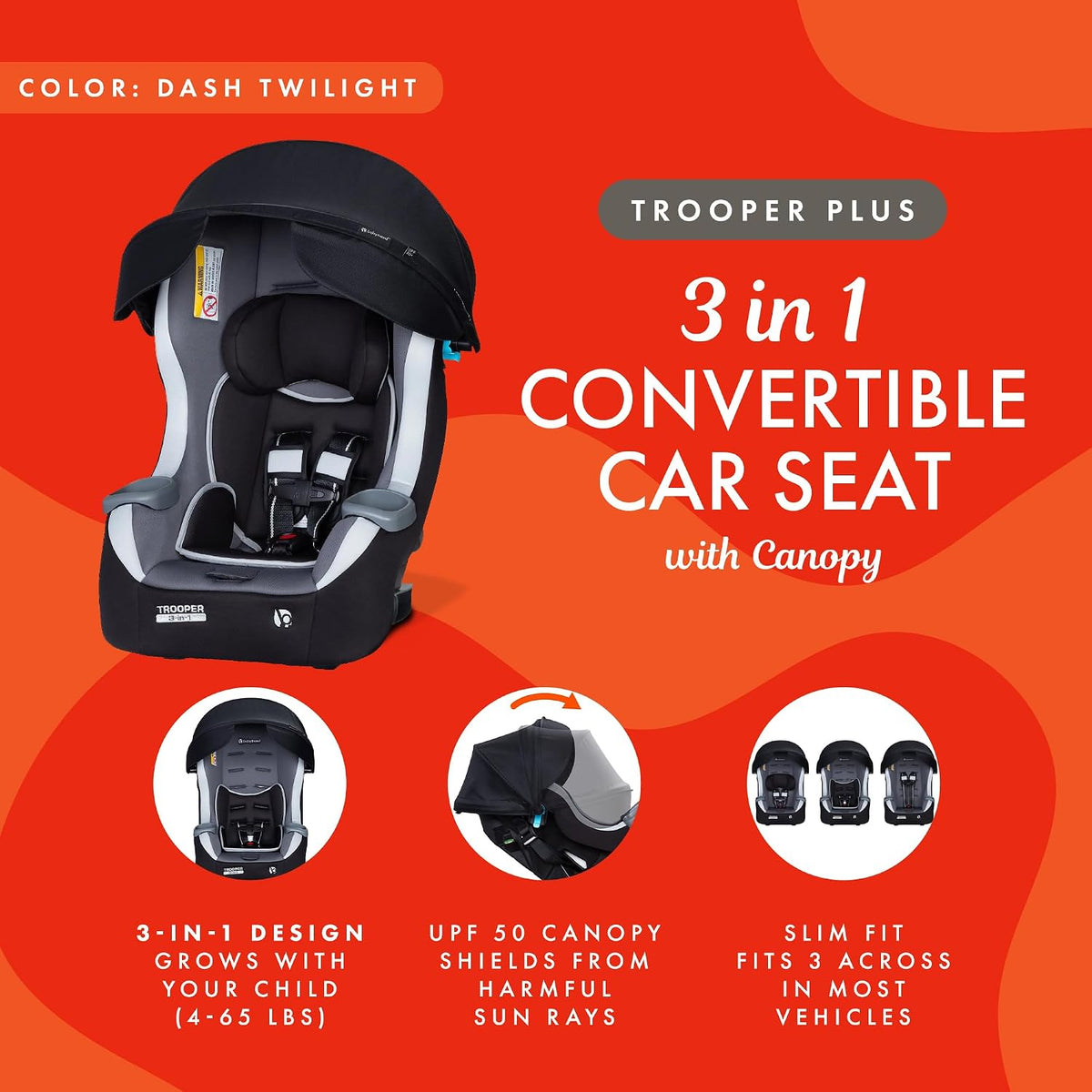 Trooper™ Slim 3-in-1 Convertible Car Seat, Dash Black – Slim Fit, 3-in-1 Growth Modes, Lightweight Design, Adjustable Comfort Padding