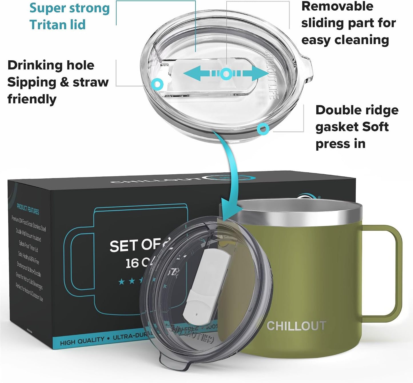 Stainless Steel 20 oz Vacuum Insulated Coffee Mug with Handle and Lid, Large Thermal Camping Coffee Mug Cup with Durable Sliding Lid for Men & Women, Keeps your Beverages Hot/Cold