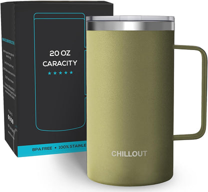Stainless Steel 20 oz Vacuum Insulated Coffee Mug with Handle and Lid, Large Thermal Camping Coffee Mug Cup with Durable Sliding Lid for Men & Women, Keeps your Beverages Hot/Cold