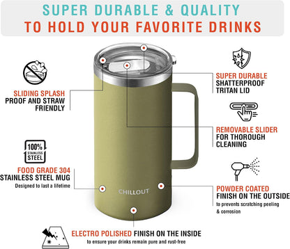 Stainless Steel 20 oz Vacuum Insulated Coffee Mug with Handle and Lid, Large Thermal Camping Coffee Mug Cup with Durable Sliding Lid for Men & Women, Keeps your Beverages Hot/Cold