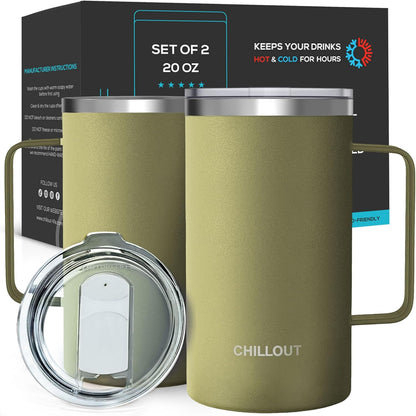 Stainless Steel 20 oz Vacuum Insulated Coffee Mug with Handle and Lid, Large Thermal Camping Coffee Mug Cup with Durable Sliding Lid for Men & Women, Keeps your Beverages Hot/Cold