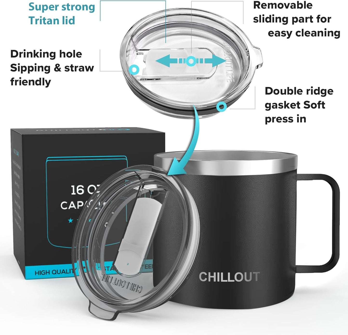 Stainless Steel 20 oz Vacuum Insulated Coffee Mug with Handle and Lid, Large Thermal Camping Coffee Mug Cup with Durable Sliding Lid for Men & Women, Keeps your Beverages Hot/Cold