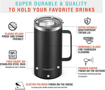 Stainless Steel 20 oz Vacuum Insulated Coffee Mug with Handle and Lid, Large Thermal Camping Coffee Mug Cup with Durable Sliding Lid for Men & Women, Keeps your Beverages Hot/Cold