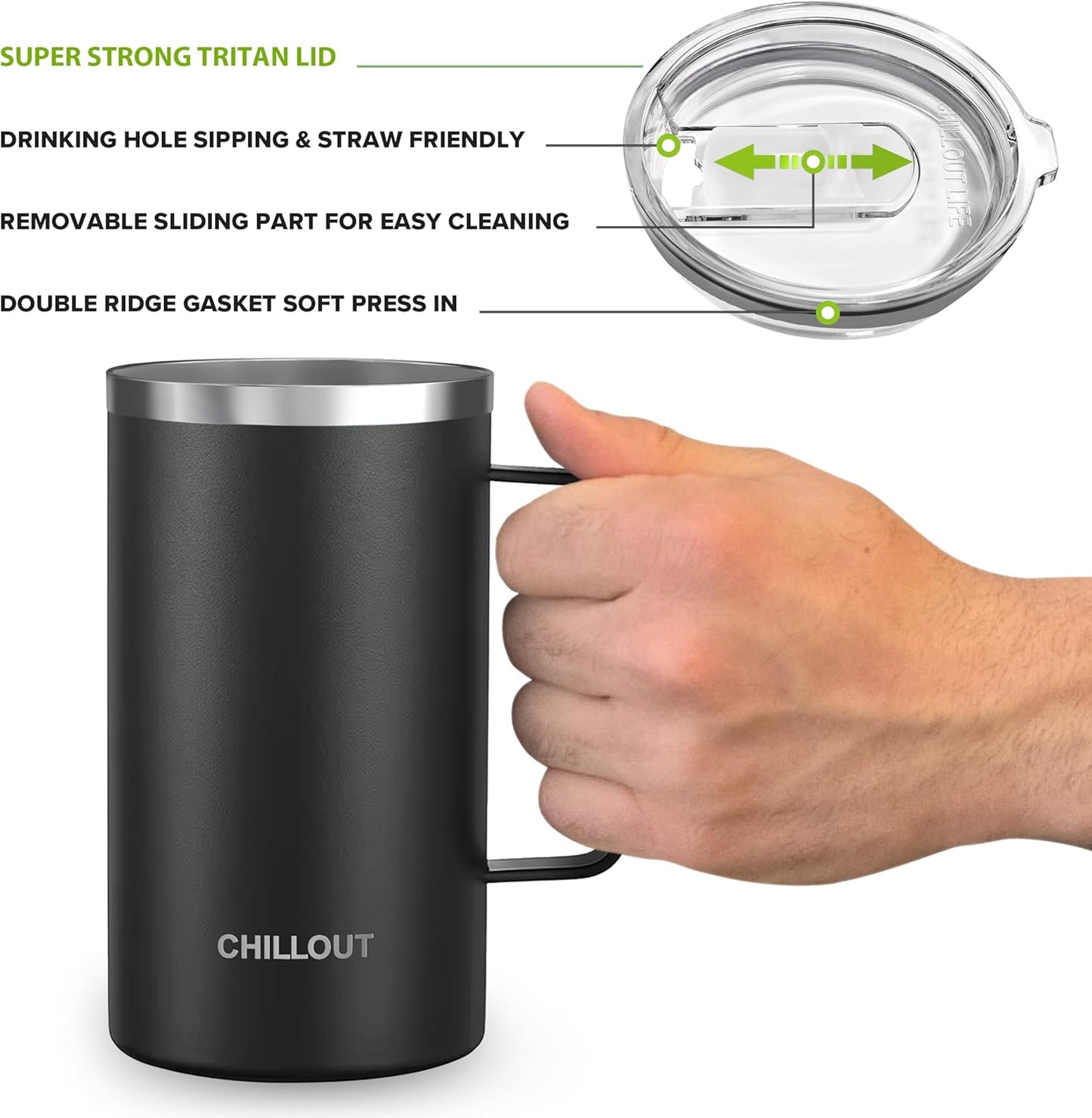 Stainless Steel 20 oz Vacuum Insulated Coffee Mug with Handle and Lid, Large Thermal Camping Coffee Mug Cup with Durable Sliding Lid for Men & Women, Keeps your Beverages Hot/Cold