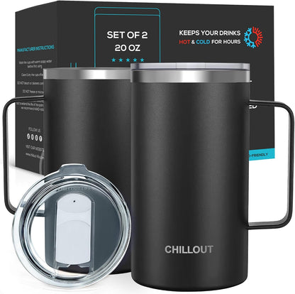 Stainless Steel 20 oz Vacuum Insulated Coffee Mug with Handle and Lid, Large Thermal Camping Coffee Mug Cup with Durable Sliding Lid for Men & Women, Keeps your Beverages Hot/Cold