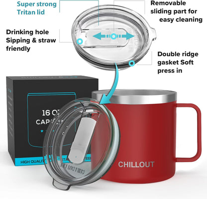 Stainless Steel 20 oz Vacuum Insulated Coffee Mug with Handle and Lid, Large Thermal Camping Coffee Mug Cup with Durable Sliding Lid for Men & Women, Keeps your Beverages Hot/Cold