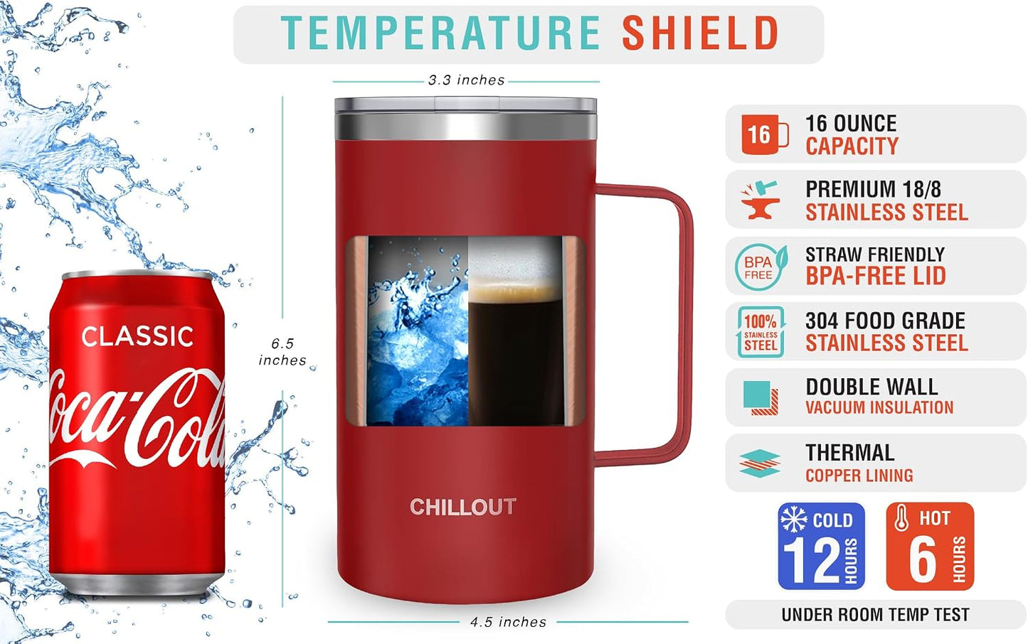 Stainless Steel 20 oz Vacuum Insulated Coffee Mug with Handle and Lid, Large Thermal Camping Coffee Mug Cup with Durable Sliding Lid for Men & Women, Keeps your Beverages Hot/Cold