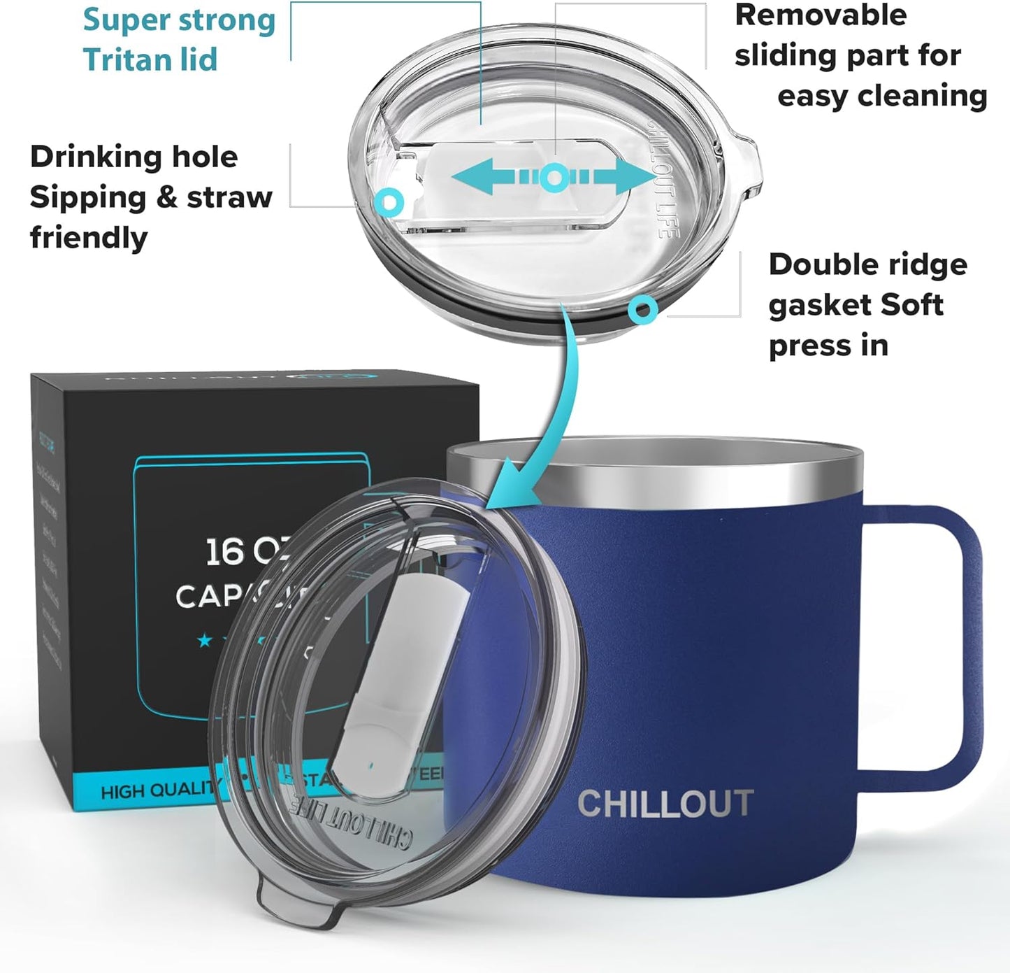 Stainless Steel 20 oz Vacuum Insulated Coffee Mug with Handle and Lid, Large Thermal Camping Coffee Mug Cup with Durable Sliding Lid for Men & Women, Keeps your Beverages Hot/Cold