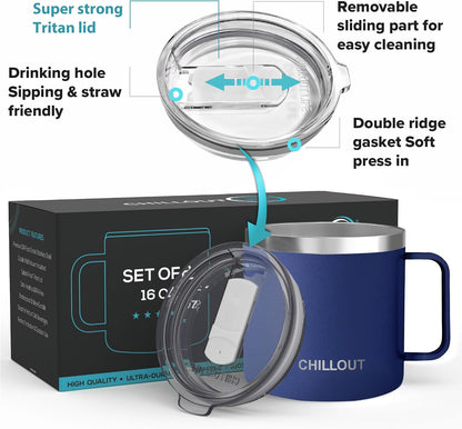 Stainless Steel 20 oz Vacuum Insulated Coffee Mug with Handle and Lid, Large Thermal Camping Coffee Mug Cup with Durable Sliding Lid for Men & Women, Keeps your Beverages Hot/Cold