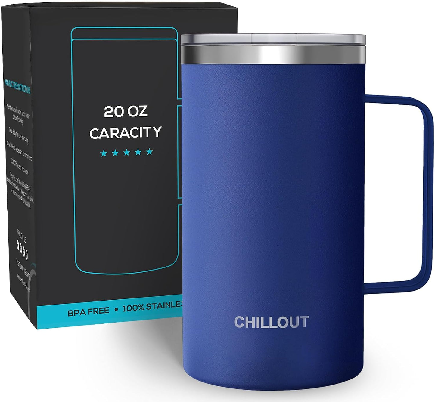 Stainless Steel 20 oz Vacuum Insulated Coffee Mug with Handle and Lid, Large Thermal Camping Coffee Mug Cup with Durable Sliding Lid for Men & Women, Keeps your Beverages Hot/Cold