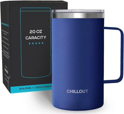 Stainless Steel 20 oz Vacuum Insulated Coffee Mug with Handle and Lid, Large Thermal Camping Coffee Mug Cup with Durable Sliding Lid for Men & Women, Keeps your Beverages Hot/Cold