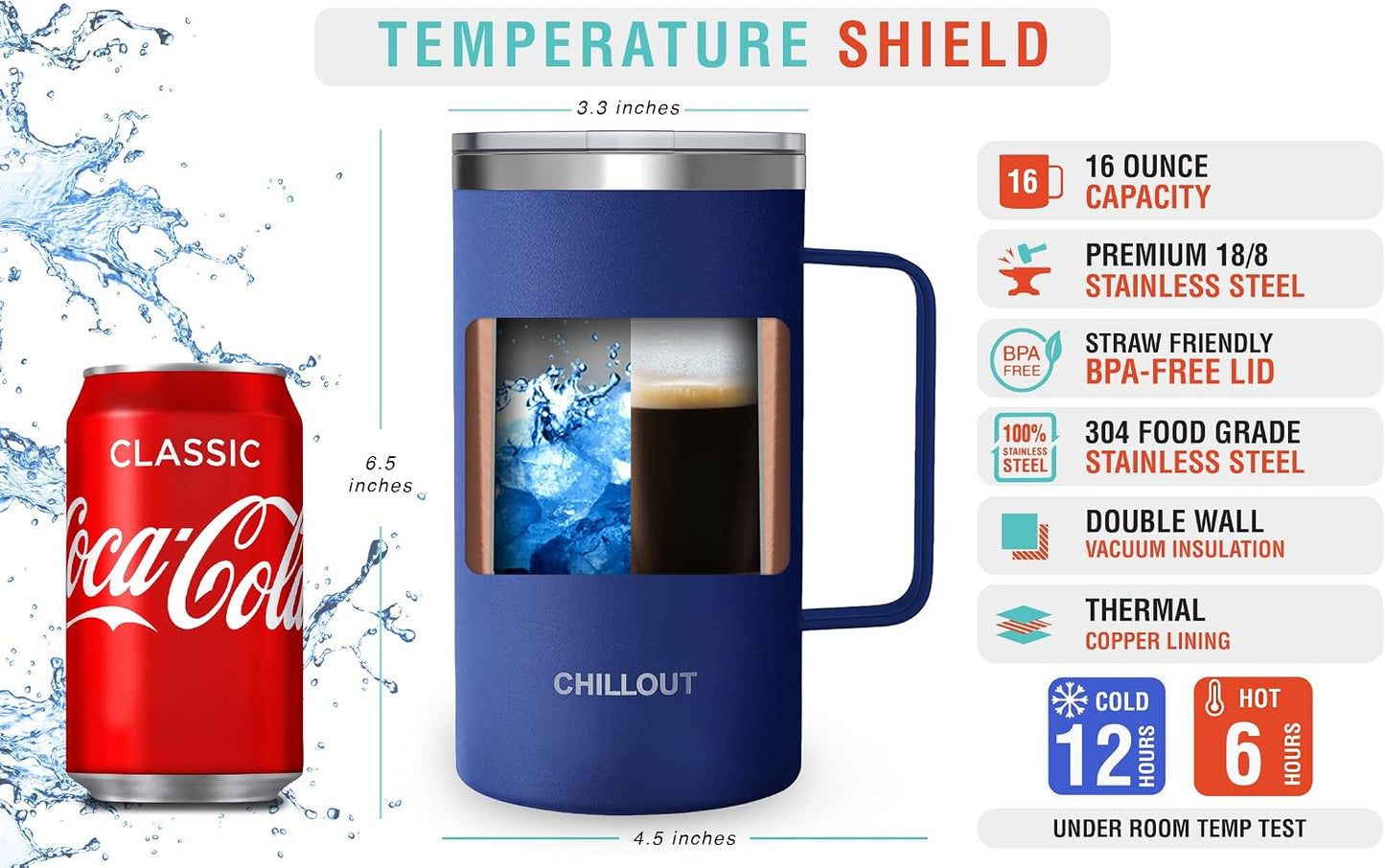 Stainless Steel 20 oz Vacuum Insulated Coffee Mug with Handle and Lid, Large Thermal Camping Coffee Mug Cup with Durable Sliding Lid for Men & Women, Keeps your Beverages Hot/Cold
