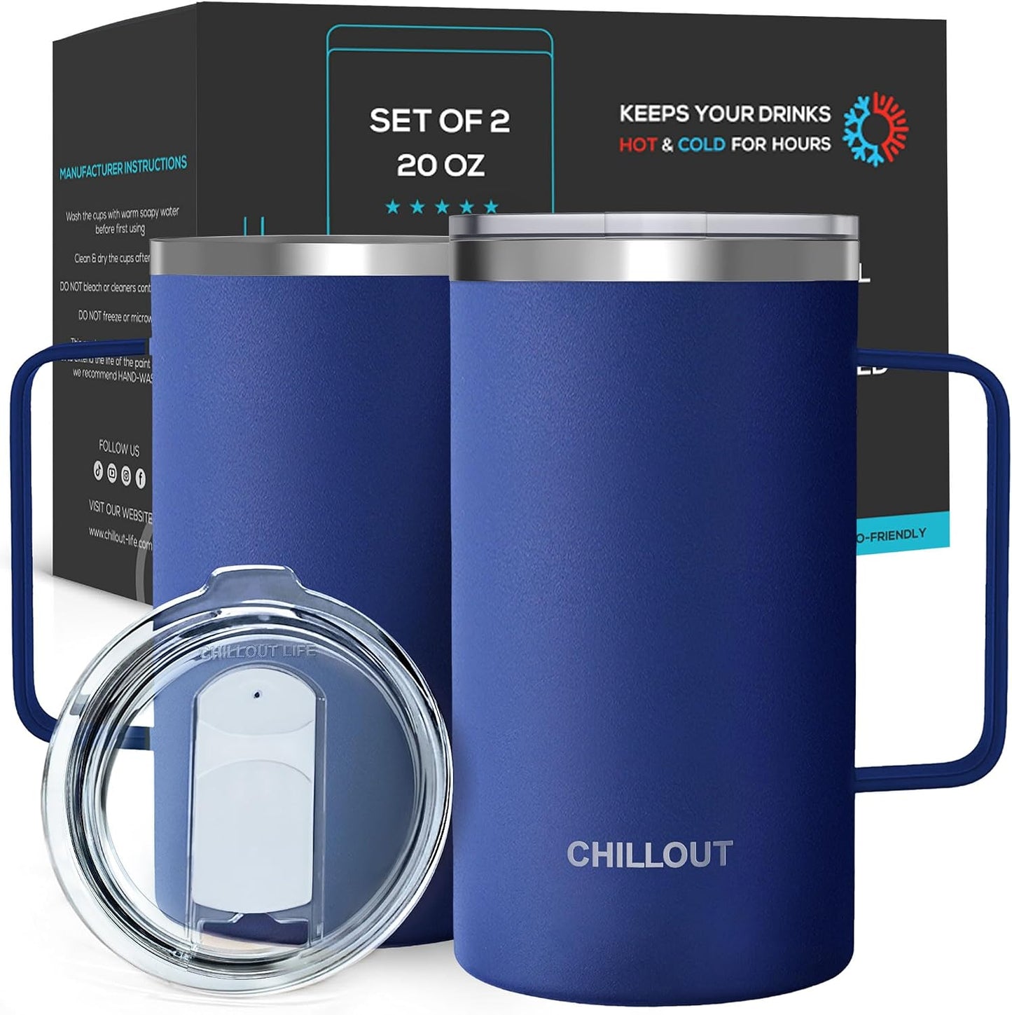 Stainless Steel 20 oz Vacuum Insulated Coffee Mug with Handle and Lid, Large Thermal Camping Coffee Mug Cup with Durable Sliding Lid for Men & Women, Keeps your Beverages Hot/Cold