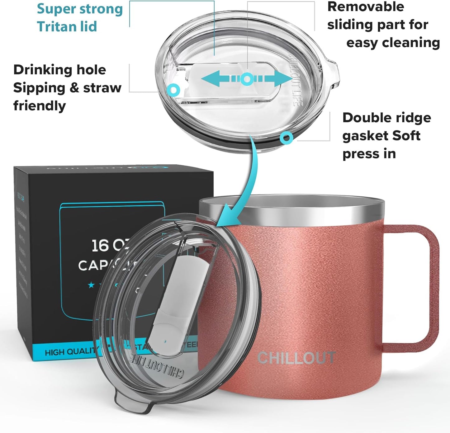 Stainless Steel 20 oz Vacuum Insulated Coffee Mug with Handle and Lid, Large Thermal Camping Coffee Mug Cup with Durable Sliding Lid for Men & Women, Keeps your Beverages Hot/Cold