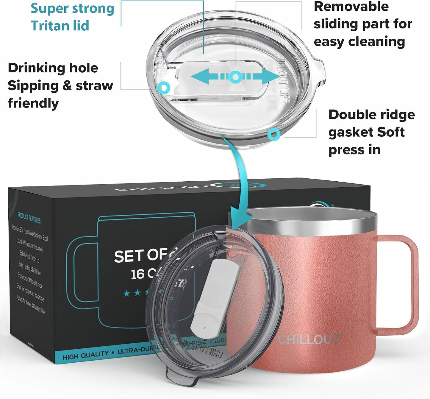 Stainless Steel 20 oz Vacuum Insulated Coffee Mug with Handle and Lid, Large Thermal Camping Coffee Mug Cup with Durable Sliding Lid for Men & Women, Keeps your Beverages Hot/Cold