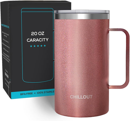 Stainless Steel 20 oz Vacuum Insulated Coffee Mug with Handle and Lid, Large Thermal Camping Coffee Mug Cup with Durable Sliding Lid for Men & Women, Keeps your Beverages Hot/Cold