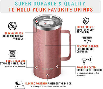 Stainless Steel 20 oz Vacuum Insulated Coffee Mug with Handle and Lid, Large Thermal Camping Coffee Mug Cup with Durable Sliding Lid for Men & Women, Keeps your Beverages Hot/Cold