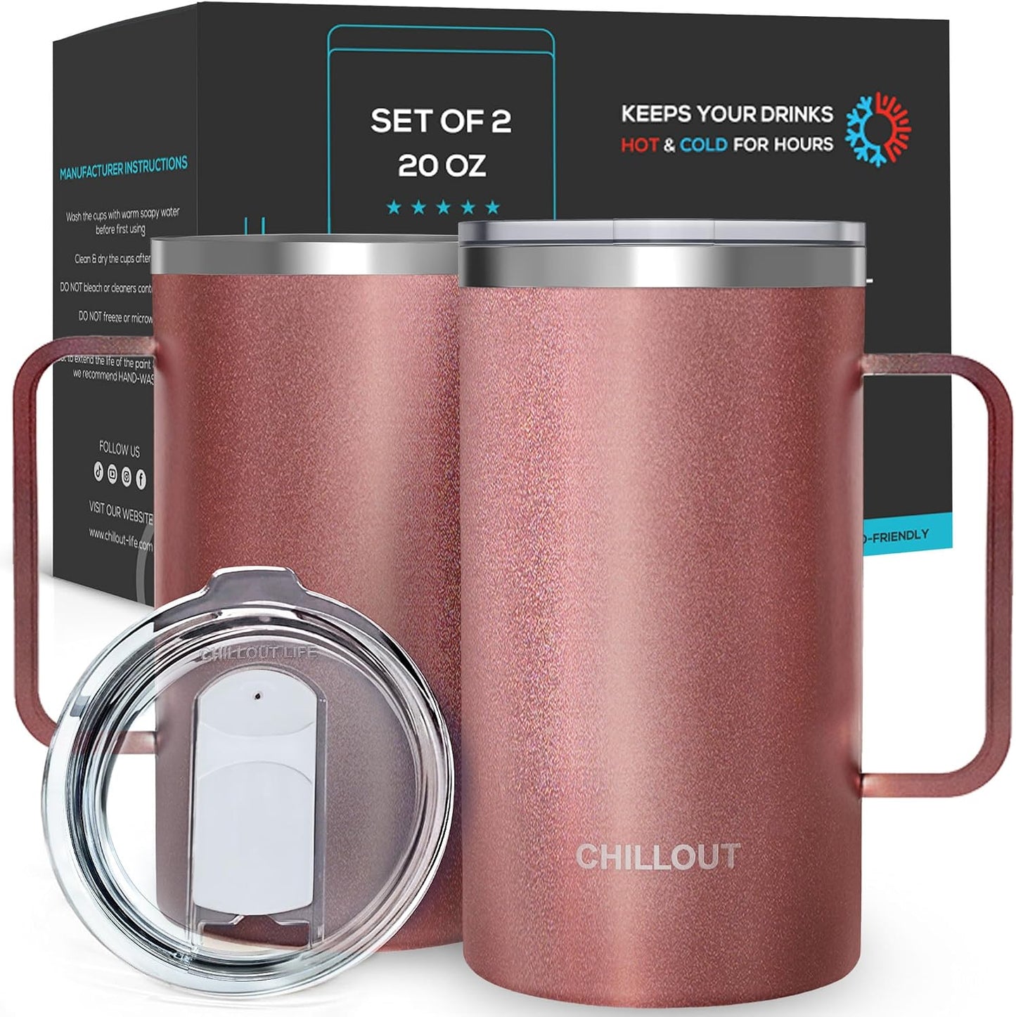 Stainless Steel 20 oz Vacuum Insulated Coffee Mug with Handle and Lid, Large Thermal Camping Coffee Mug Cup with Durable Sliding Lid for Men & Women, Keeps your Beverages Hot/Cold