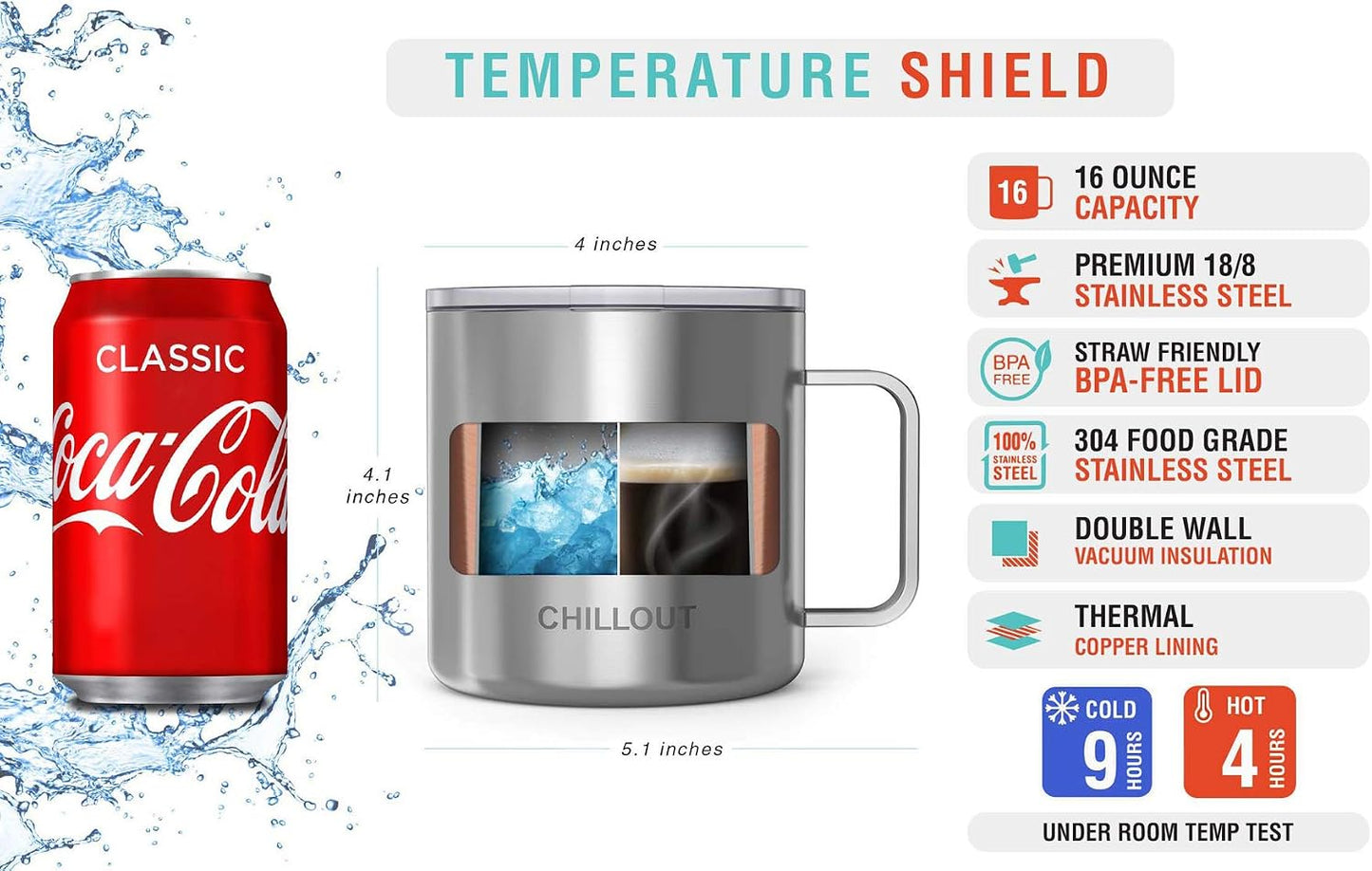 Stainless Steel 20 oz Vacuum Insulated Coffee Mug with Handle and Lid, Large Thermal Camping Coffee Mug Cup with Durable Sliding Lid for Men & Women, Keeps your Beverages Hot/Cold