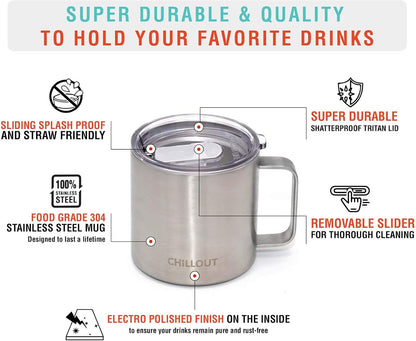Stainless Steel 20 oz Vacuum Insulated Coffee Mug with Handle and Lid, Large Thermal Camping Coffee Mug Cup with Durable Sliding Lid for Men & Women, Keeps your Beverages Hot/Cold
