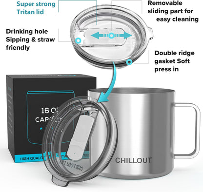 Stainless Steel 20 oz Vacuum Insulated Coffee Mug with Handle and Lid, Large Thermal Camping Coffee Mug Cup with Durable Sliding Lid for Men & Women, Keeps your Beverages Hot/Cold