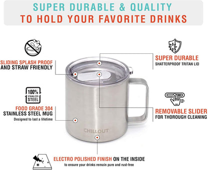 Stainless Steel 20 oz Vacuum Insulated Coffee Mug with Handle and Lid, Large Thermal Camping Coffee Mug Cup with Durable Sliding Lid for Men & Women, Keeps your Beverages Hot/Cold