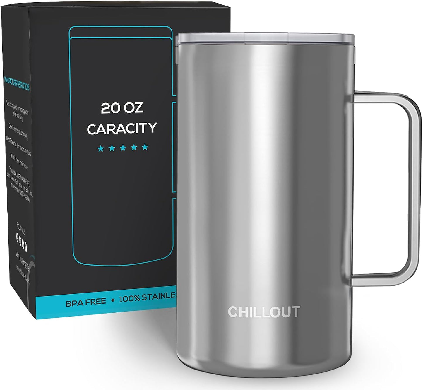 Stainless Steel 20 oz Vacuum Insulated Coffee Mug with Handle and Lid, Large Thermal Camping Coffee Mug Cup with Durable Sliding Lid for Men & Women, Keeps your Beverages Hot/Cold