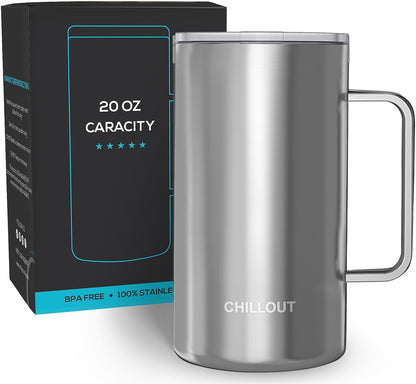 Stainless Steel 20 oz Vacuum Insulated Coffee Mug with Handle and Lid, Large Thermal Camping Coffee Mug Cup with Durable Sliding Lid for Men & Women, Keeps your Beverages Hot/Cold