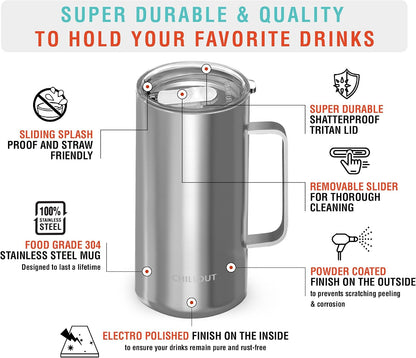 Stainless Steel 20 oz Vacuum Insulated Coffee Mug with Handle and Lid, Large Thermal Camping Coffee Mug Cup with Durable Sliding Lid for Men & Women, Keeps your Beverages Hot/Cold